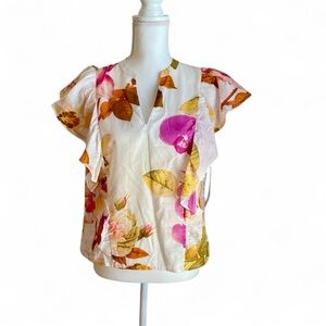 MARC NEW YORK Andrew Marc NWT White Floral Ruffle Sleeve V-Neck Blouse Top